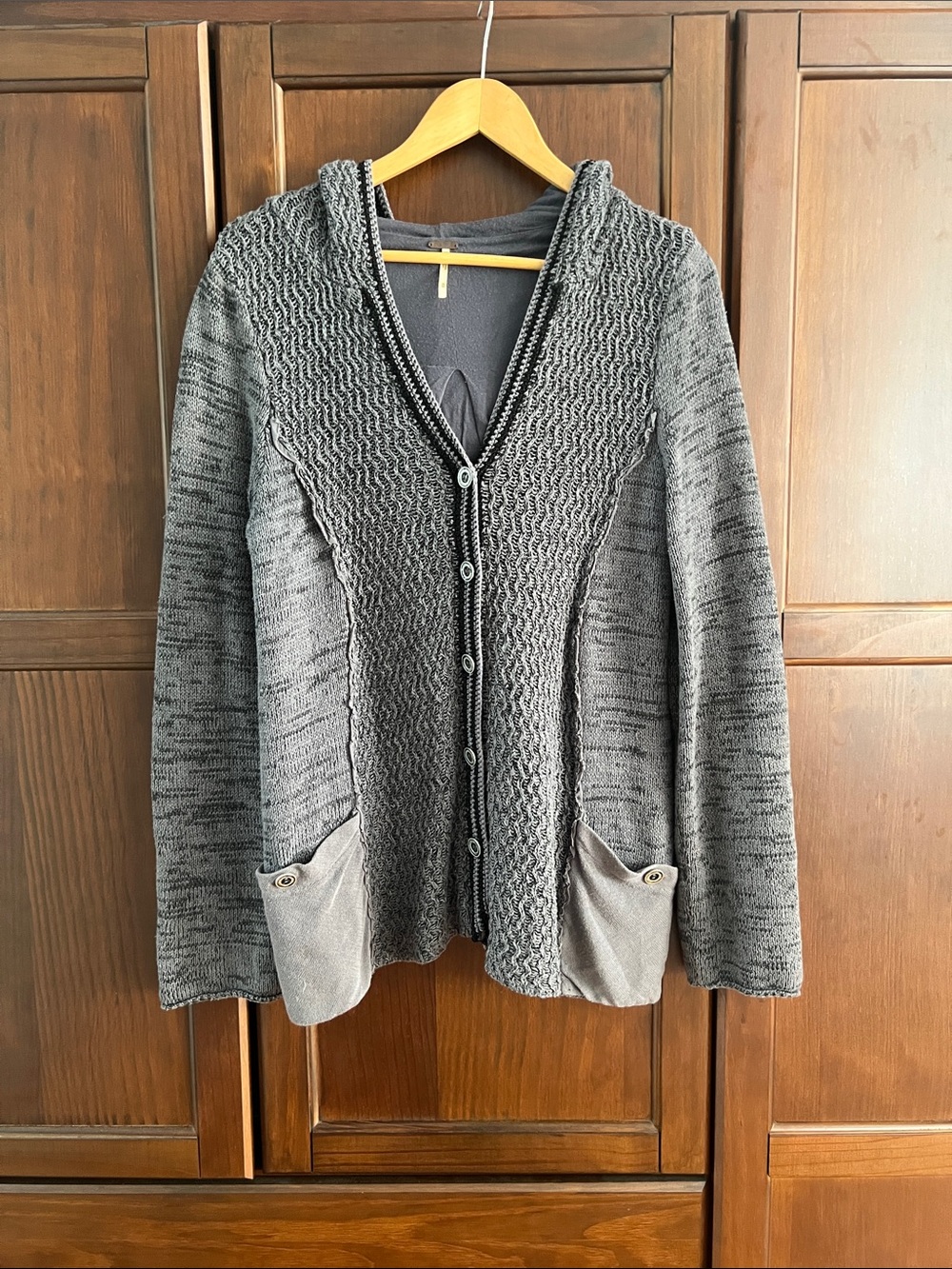 Free People Mixed Knit fully Lined Hooded Cardigan Sweater Charcoal Gray Size M